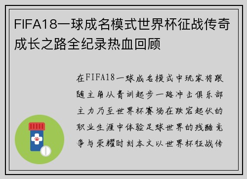 FIFA18一球成名模式世界杯征战传奇成长之路全纪录热血回顾
